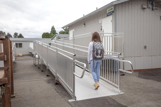 Kid walking on a wheelchair ramp.