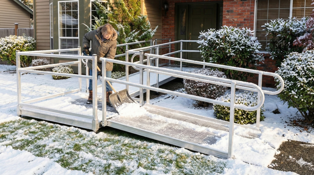 Winter wheelchair ramp maintenance showing proper snow removal techniques on an aluminum modular ramp